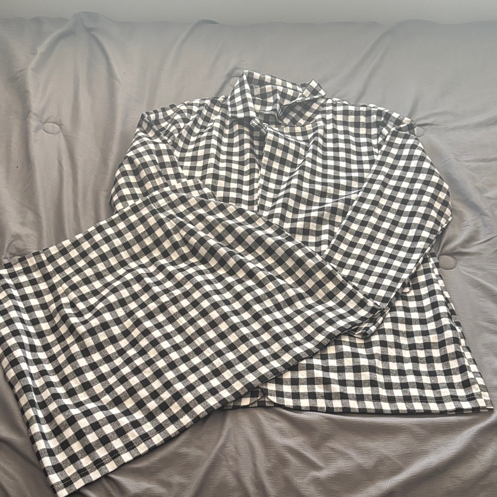 Black and White Gingham Check Button-Up Skirt and Jacket set